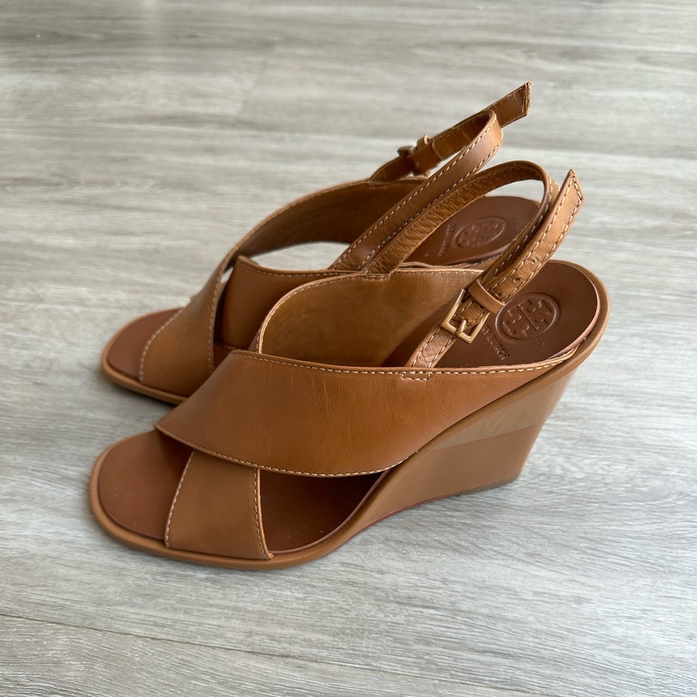 Tory Burch Gabrielle Criss Cross Leather Wedge Sandals 8.5